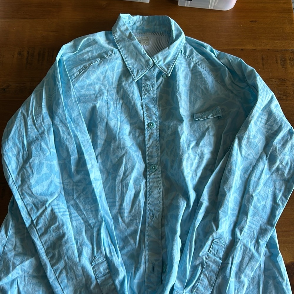 Blue Hawaiian Print Columbia Button Down Shirt with roll tan sleeves